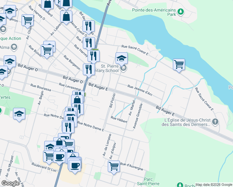 map of restaurants, bars, coffee shops, grocery stores, and more near 212 Boulevard Auger Est in Alma