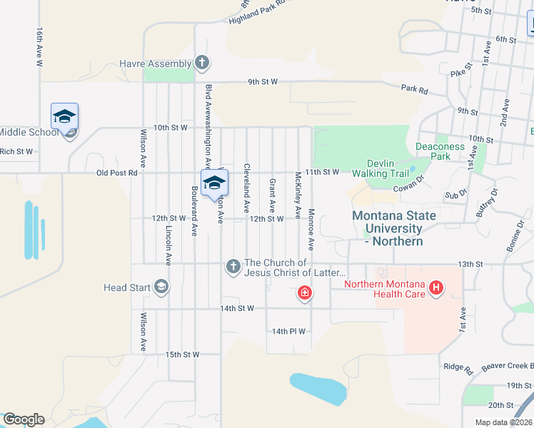 map of restaurants, bars, coffee shops, grocery stores, and more near 1167 Grant Avenue in Havre