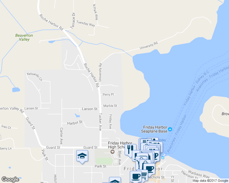 map of restaurants, bars, coffee shops, grocery stores, and more near 500 Perry Place in Friday Harbor