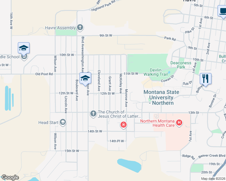 map of restaurants, bars, coffee shops, grocery stores, and more near 1167 Grant Ave in Havre