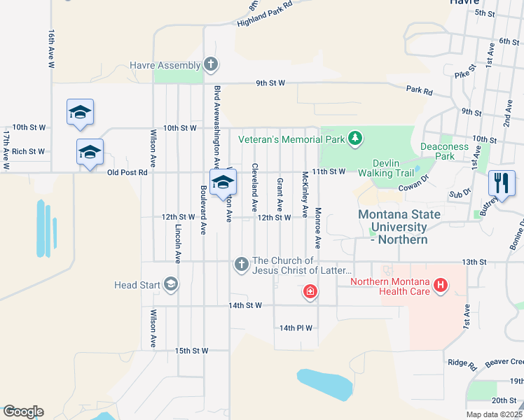 map of restaurants, bars, coffee shops, grocery stores, and more near 1165 Cleveland Avenue in Havre