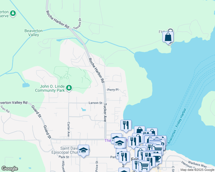 map of restaurants, bars, coffee shops, grocery stores, and more near 530 Tucker Avenue in Friday Harbor