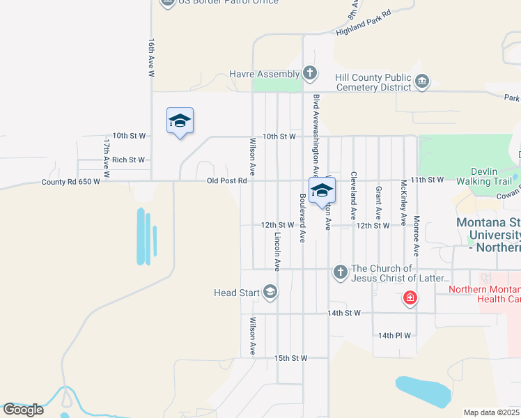 map of restaurants, bars, coffee shops, grocery stores, and more near 1167 Wilson Avenue in Havre