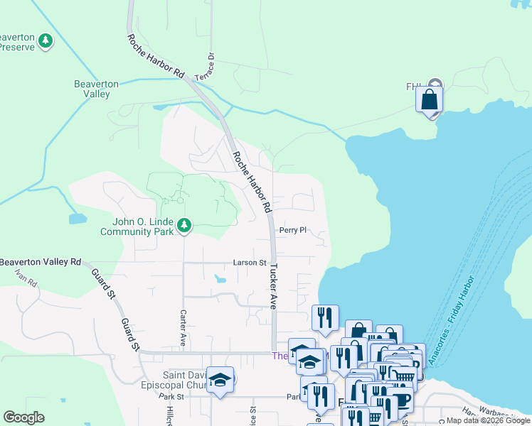 map of restaurants, bars, coffee shops, grocery stores, and more near 528 Chinook Way in Friday Harbor