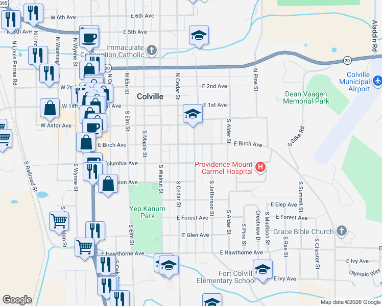 map of restaurants, bars, coffee shops, grocery stores, and more near 371 South Hofstetter Street in Colville