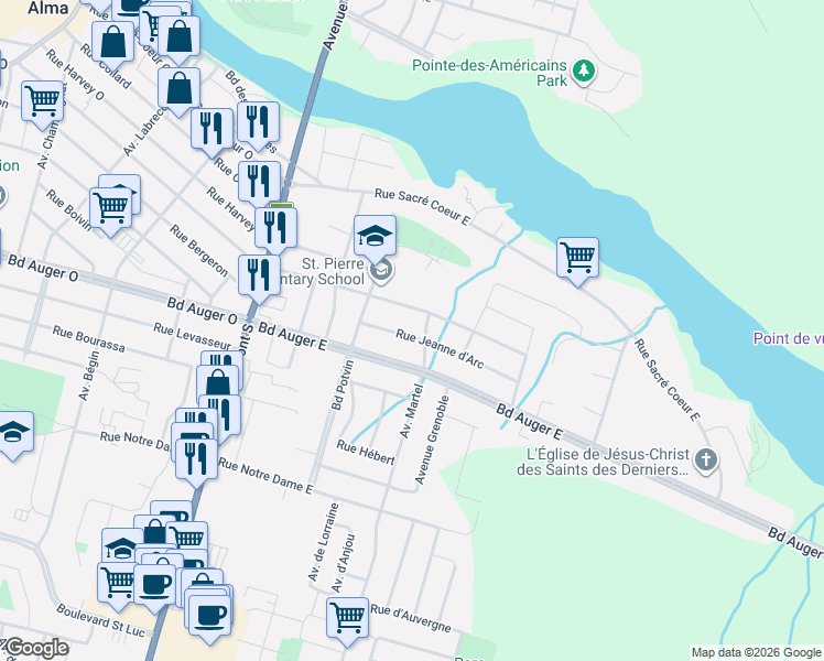 map of restaurants, bars, coffee shops, grocery stores, and more near 301 Rue Jeanne d'Arc in Alma