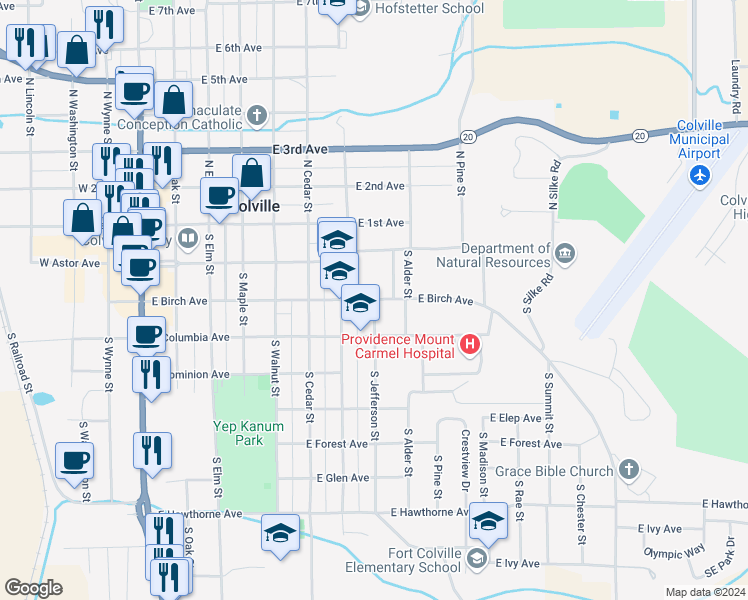map of restaurants, bars, coffee shops, grocery stores, and more near 800 East Birch Avenue in Colville