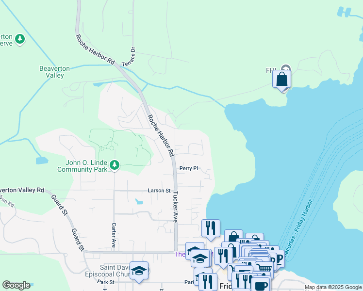 map of restaurants, bars, coffee shops, grocery stores, and more near 560 University Road in Friday Harbor