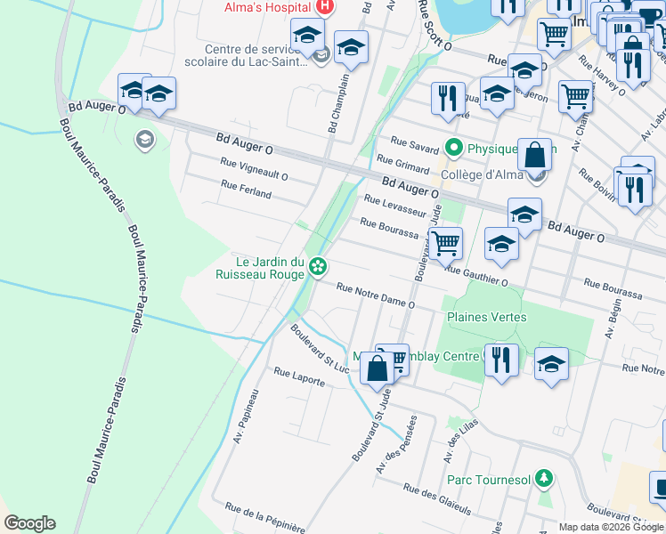 map of restaurants, bars, coffee shops, grocery stores, and more near 1170 Rue Fillion in Alma