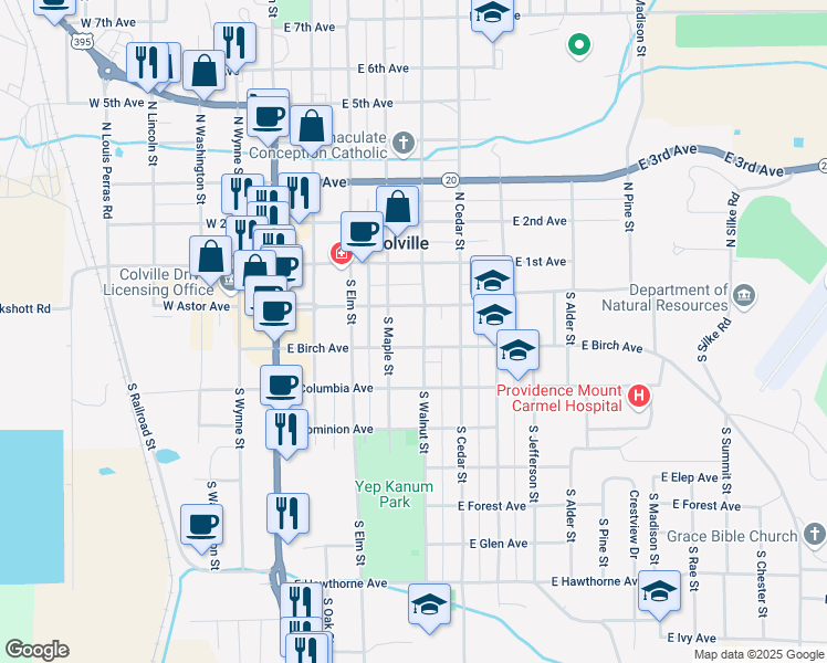 map of restaurants, bars, coffee shops, grocery stores, and more near 514 East Astor Avenue in Colville