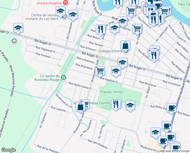 map of restaurants, bars, coffee shops, grocery stores, and more near Rue Gauthier Ouest in Alma