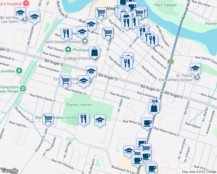 map of restaurants, bars, coffee shops, grocery stores, and more near 390 Rue Levasseur in Alma