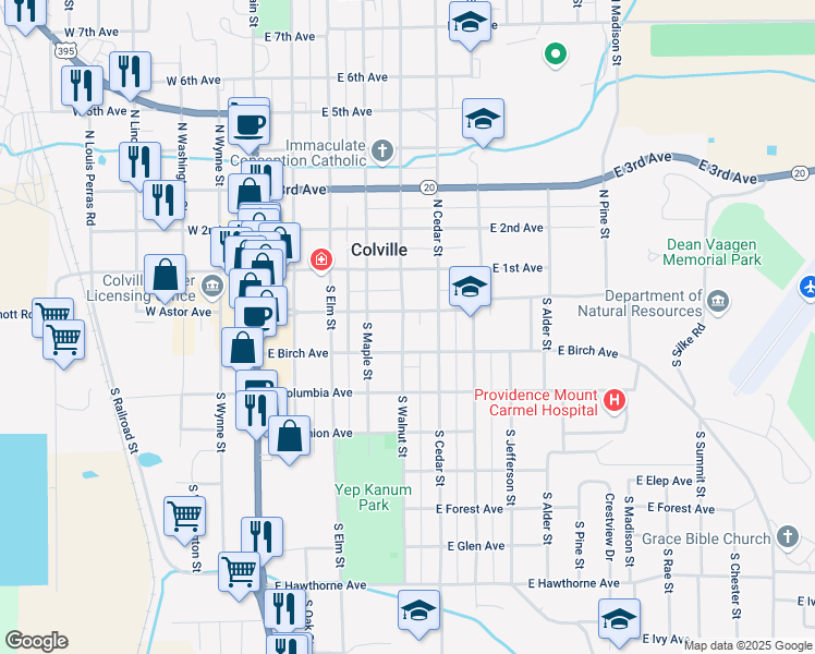 map of restaurants, bars, coffee shops, grocery stores, and more near 514 East Astor Avenue in Colville