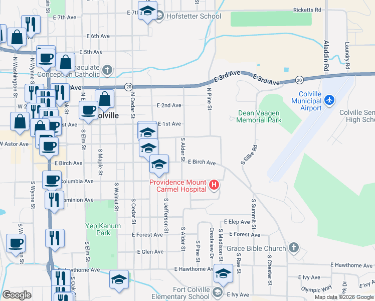 map of restaurants, bars, coffee shops, grocery stores, and more near 272 South Alder Street in Colville