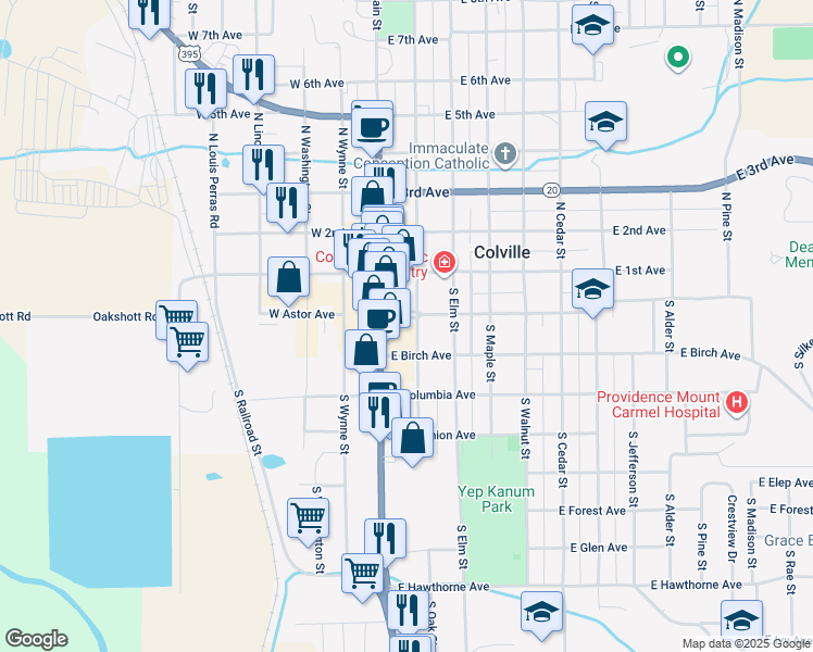 map of restaurants, bars, coffee shops, grocery stores, and more near 204 South Oak Street in Colville