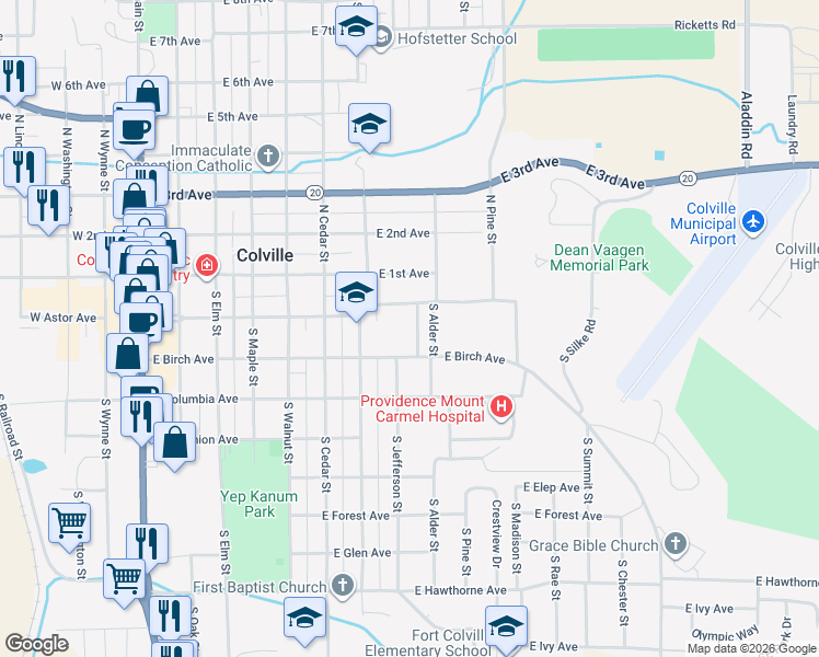 map of restaurants, bars, coffee shops, grocery stores, and more near 254 South Jefferson Street in Colville
