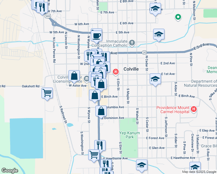map of restaurants, bars, coffee shops, grocery stores, and more near 204 South Oak Street in Colville