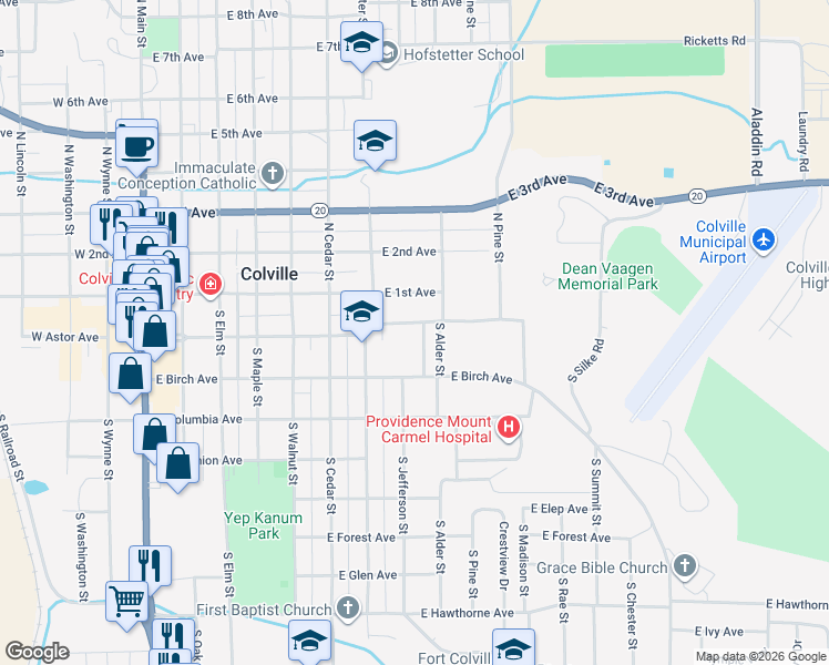 map of restaurants, bars, coffee shops, grocery stores, and more near 254 South Jefferson Street in Colville