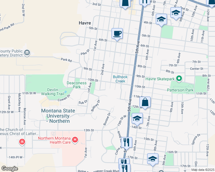 map of restaurants, bars, coffee shops, grocery stores, and more near 925 3rd Avenue in Havre