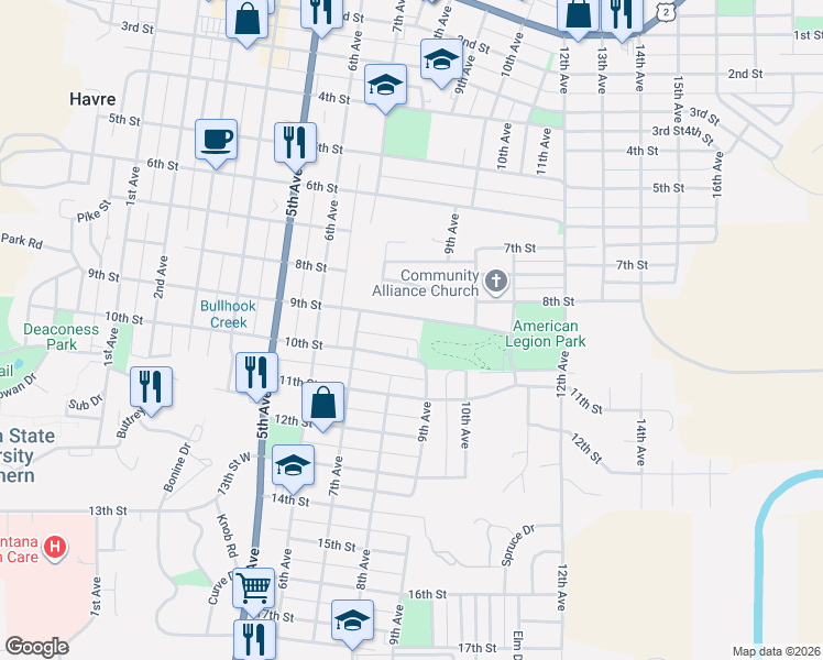 map of restaurants, bars, coffee shops, grocery stores, and more near 805 9th Street in Havre