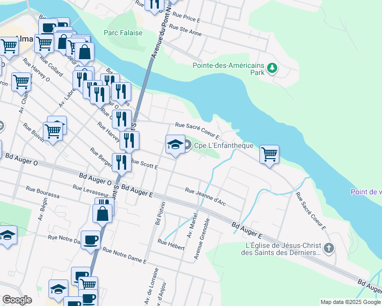map of restaurants, bars, coffee shops, grocery stores, and more near 322 Rue Alarie in Alma