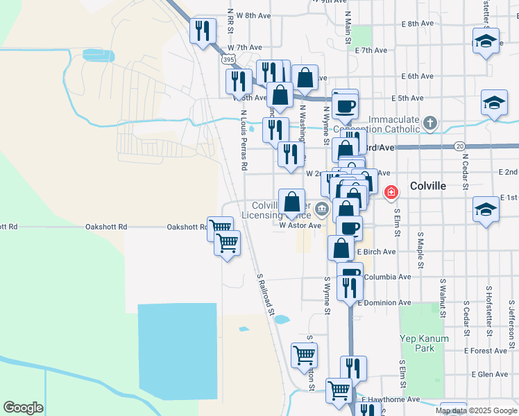 map of restaurants, bars, coffee shops, grocery stores, and more near 466 West 1st Avenue in Colville