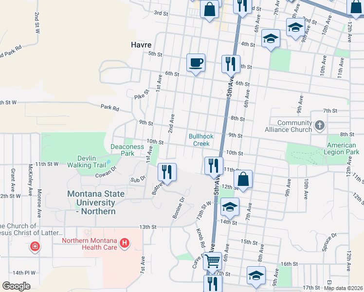 map of restaurants, bars, coffee shops, grocery stores, and more near 925 3rd Avenue in Havre