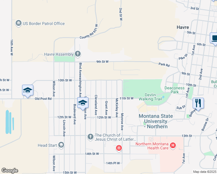 map of restaurants, bars, coffee shops, grocery stores, and more near 1005 Grant Ave in Havre