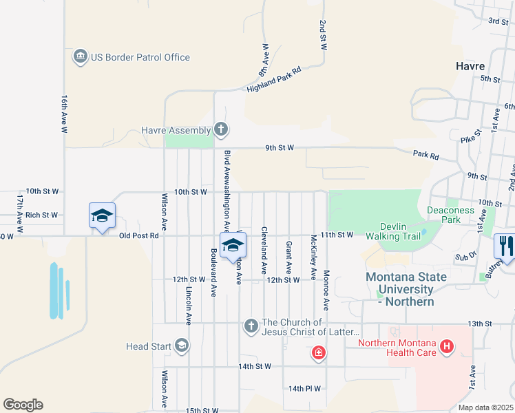 map of restaurants, bars, coffee shops, grocery stores, and more near 1001 Washington Avenue in Havre