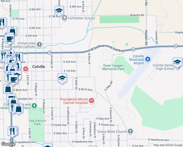 map of restaurants, bars, coffee shops, grocery stores, and more near 120 South Pine Street in Colville