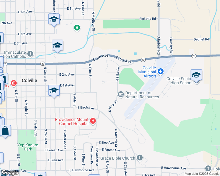 map of restaurants, bars, coffee shops, grocery stores, and more near 175 South Silke Road in Colville