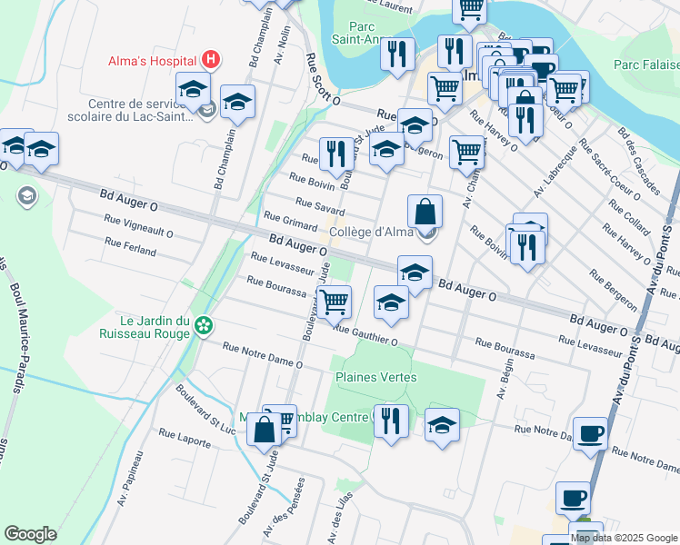 map of restaurants, bars, coffee shops, grocery stores, and more near 555 Boulevard Saint Jude in Alma