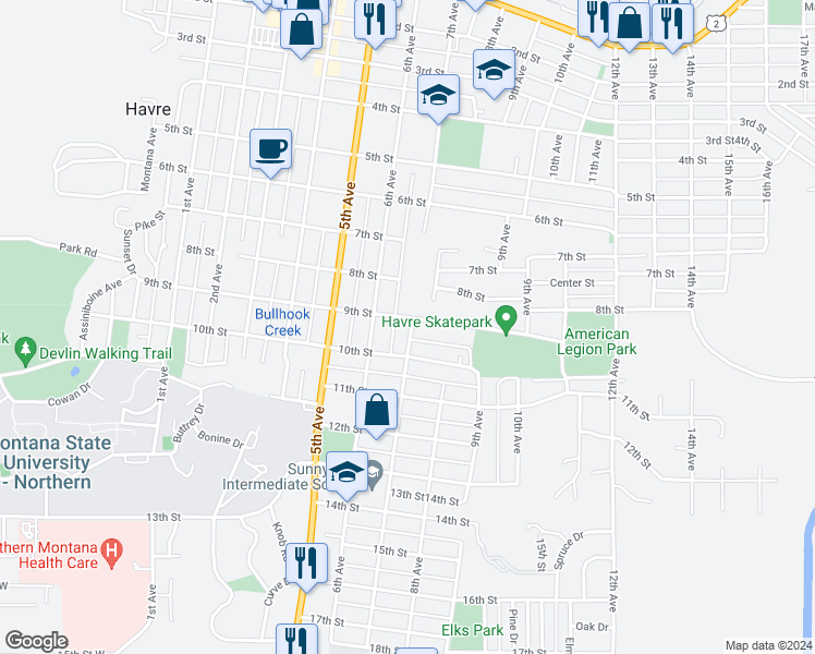 map of restaurants, bars, coffee shops, grocery stores, and more near 910 7th Avenue in Havre