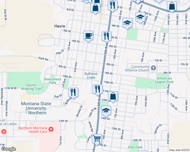 map of restaurants, bars, coffee shops, grocery stores, and more near 921 4th Avenue in Havre