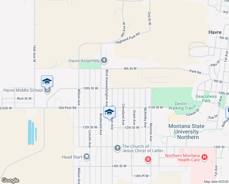 map of restaurants, bars, coffee shops, grocery stores, and more near 1001 Washington Avenue in Havre