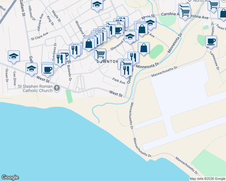 map of restaurants, bars, coffee shops, grocery stores, and more near 147 West Street in Stephenville