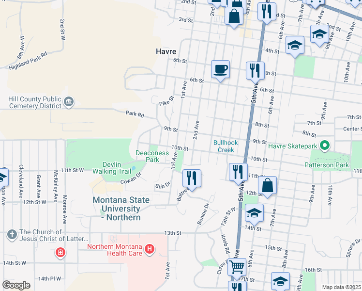 map of restaurants, bars, coffee shops, grocery stores, and more near 937 1st Avenue in Havre