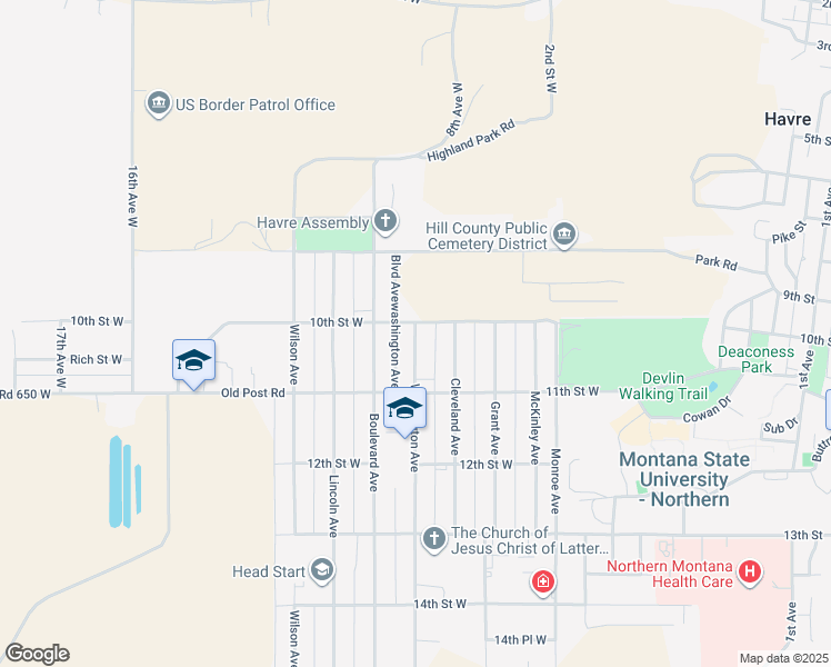 map of restaurants, bars, coffee shops, grocery stores, and more near 1001 Washington Avenue in Havre