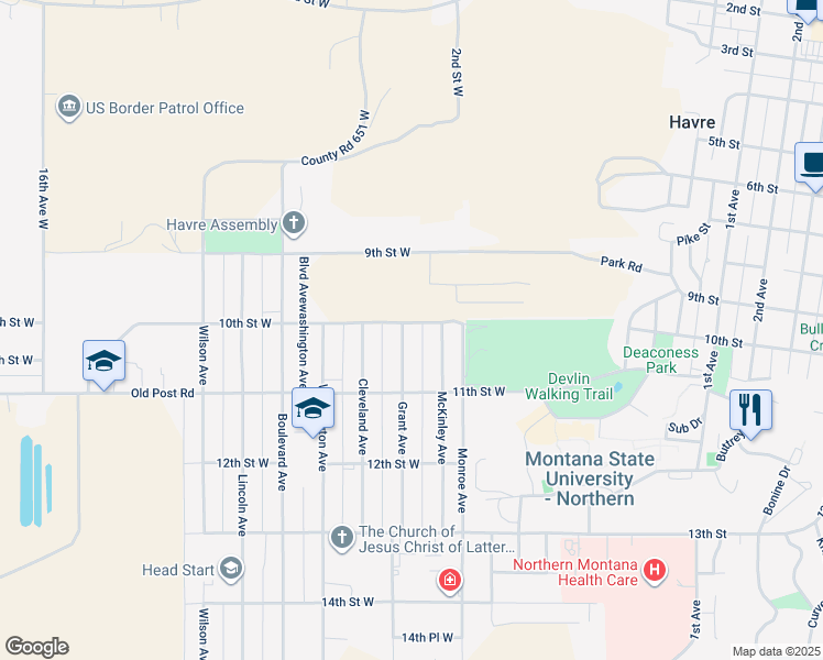 map of restaurants, bars, coffee shops, grocery stores, and more near 1005 Grant Avenue in Havre