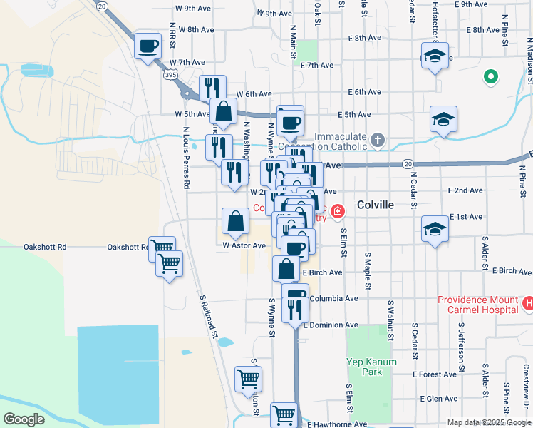 map of restaurants, bars, coffee shops, grocery stores, and more near 127 North Wynne Street in Colville