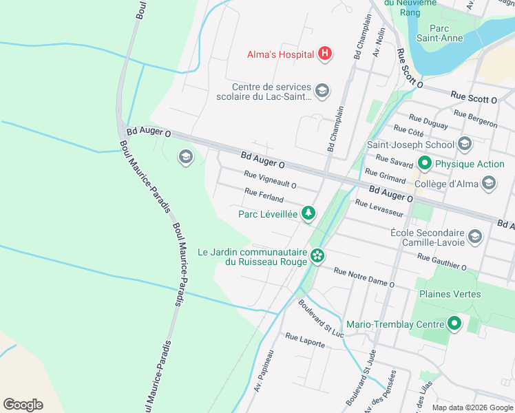 map of restaurants, bars, coffee shops, grocery stores, and more near 1415 Rue Léveillée in Alma