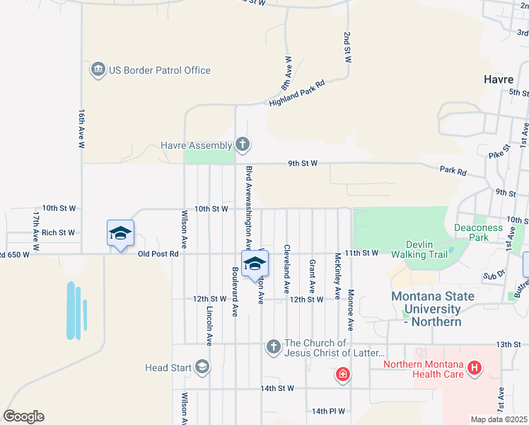 map of restaurants, bars, coffee shops, grocery stores, and more near 1001 Washington Avenue in Havre