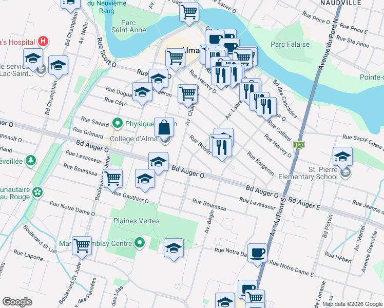 map of restaurants, bars, coffee shops, grocery stores, and more near 405 Rue Savard in Alma