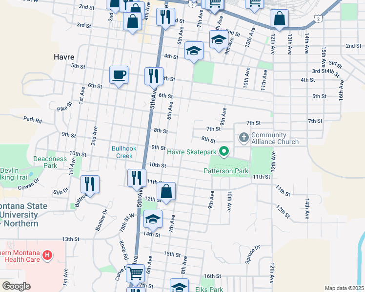 map of restaurants, bars, coffee shops, grocery stores, and more near 910 7th Avenue in Havre