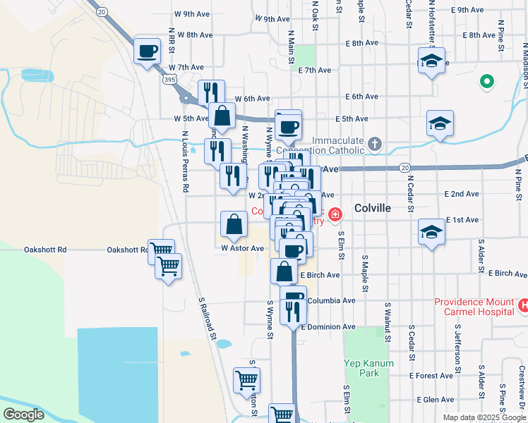 map of restaurants, bars, coffee shops, grocery stores, and more near 127 North Wynne Street in Colville