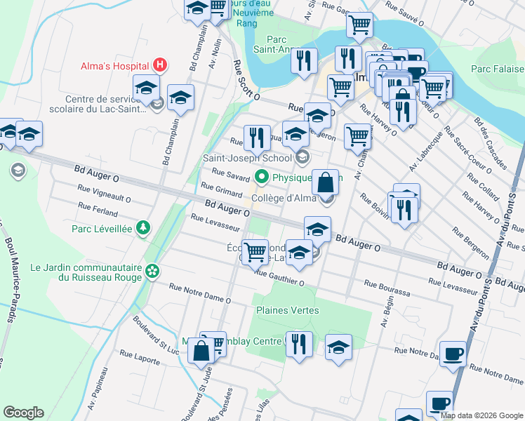 map of restaurants, bars, coffee shops, grocery stores, and more near 895 Boulevard Auger Ouest in Alma