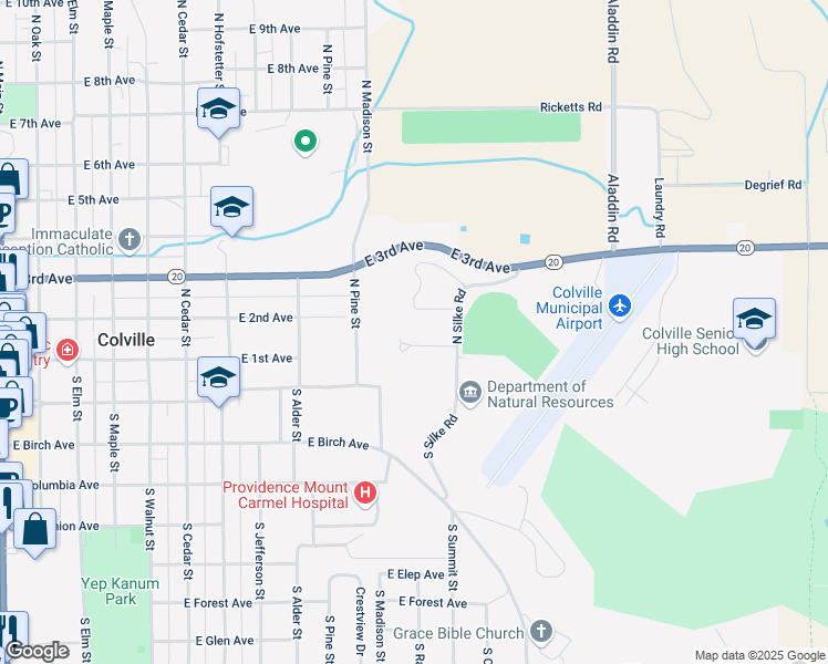 map of restaurants, bars, coffee shops, grocery stores, and more near 175 South Silke Road in Colville