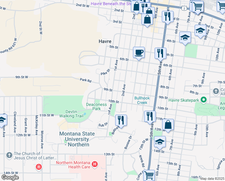 map of restaurants, bars, coffee shops, grocery stores, and more near 1st Avenue in Havre