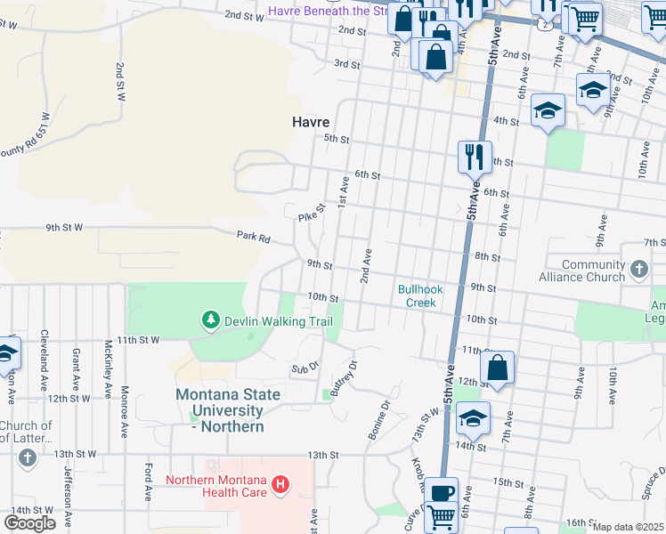 map of restaurants, bars, coffee shops, grocery stores, and more near 1st Avenue in Havre