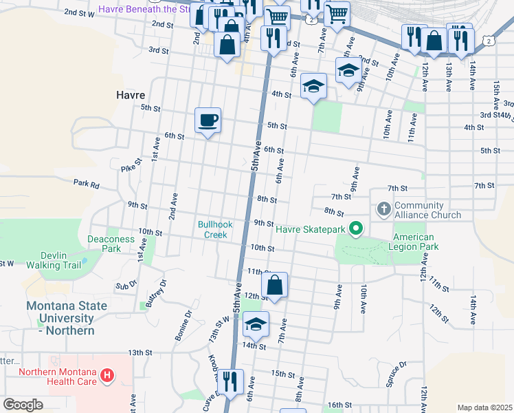 map of restaurants, bars, coffee shops, grocery stores, and more near 726 6th Avenue in Havre